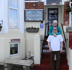 Allan Jeffery and Lesley Jeffery standing outside Clarence House Hotel, Skegness